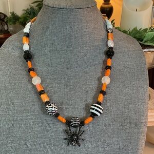 Black and Orange Beaded Necklace with Spider Pendant
